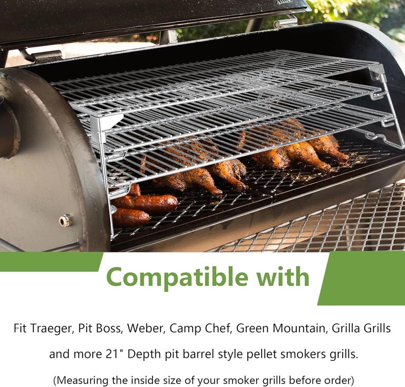 21 بوصة رفوف جيركي قابلة للطي والانزلاق ثلاثية المستويات لـ Traeger و Pit Boss و GMG و Camp Chef وغيرها من شوايات التدخين، ملحق توسيع مساحة الطهي 830 بوصة مربعة لشوايات الحبيبات البرميلية - Image 4