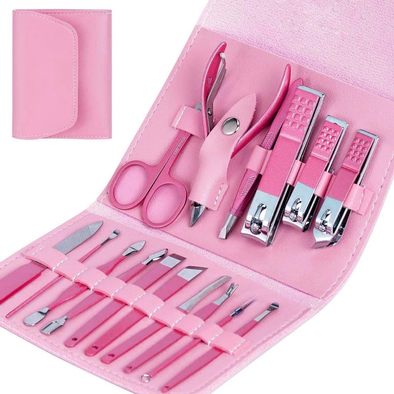 Manicure Set By SANGOZ Professional Stainless Steel Pedicure Nail ClipperCutter Set Tools Kit with PU Leather Folding Case 16 In 1 Travel Grooming Care Kit for Women Men FootHand Face Care