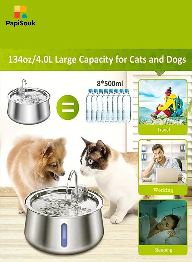 بابي سوق نافورة مياه للقطط، نافورة أوتوماتيكية للحيوانات الأليفة سعة 4 لتر مصنوعة من الفولاذ المقاوم للصدأ 304 مع نافذة مستوى المياه بإضاءة LED، موزع مياه للكلاب لشرب العديد من الحيوانات الأليفة - Image 2
