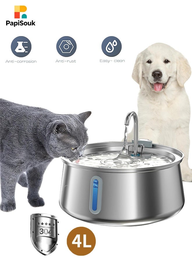 بابي سوق نافورة مياه للقطط، نافورة أوتوماتيكية للحيوانات الأليفة سعة 4 لتر مصنوعة من الفولاذ المقاوم للصدأ 304 مع نافذة مستوى المياه بإضاءة LED، موزع مياه للكلاب لشرب العديد من الحيوانات الأليفة - Image 1