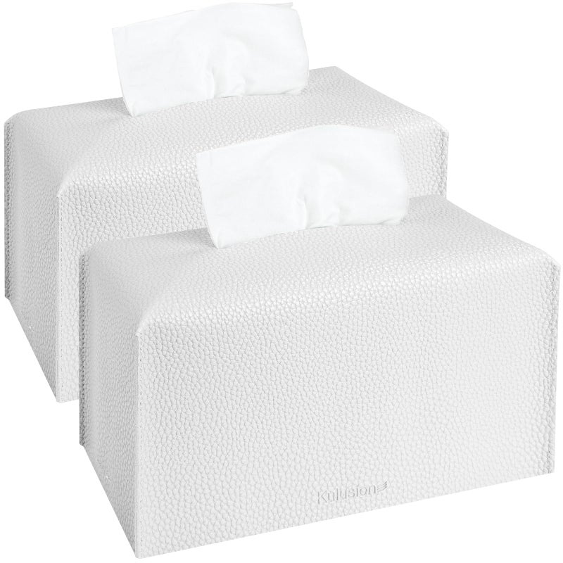 2Pcs Tissue Box Cover Holder Rectangular with Bottom Belt  PU Leather Tissue Cover Decorative Organizer for Tabletop Bathroom Car Office95X5X5 Inch  White