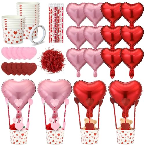 LaRandom 24 Set Valentine Centerpieces Hot Air Balloon Basket Table Decor Include Heart Shaped Balloon Sticker Pencil and Ice Cream Bowl with Raffia Tape for Party Return Gift DIY Craft Supplies - Image 1