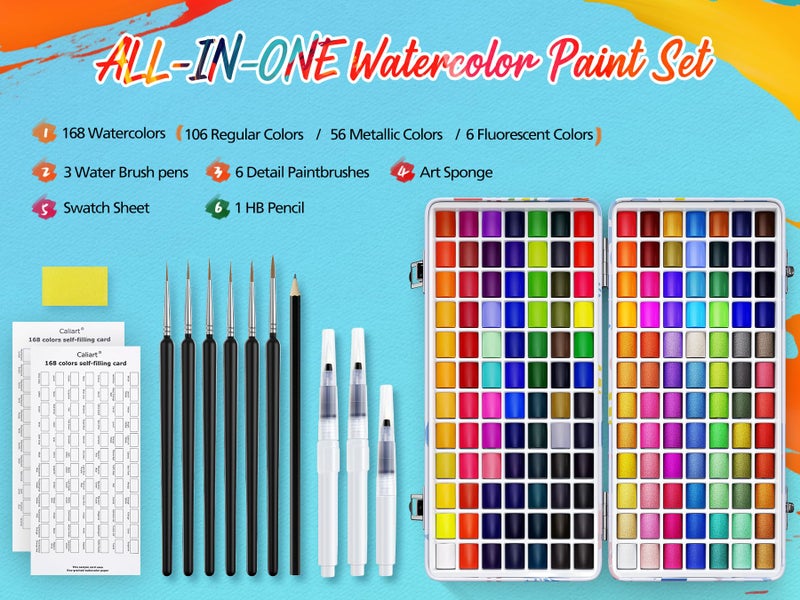 كاليارت Watercolor Paint Set, 168 Colors Portable Travel Water Color Palette Kit with Detail Paint Brush, Art Supplies for Painting Coloring, Christmas Gifts for Artist Adult Teen Girls Boys Beginners - Image 2