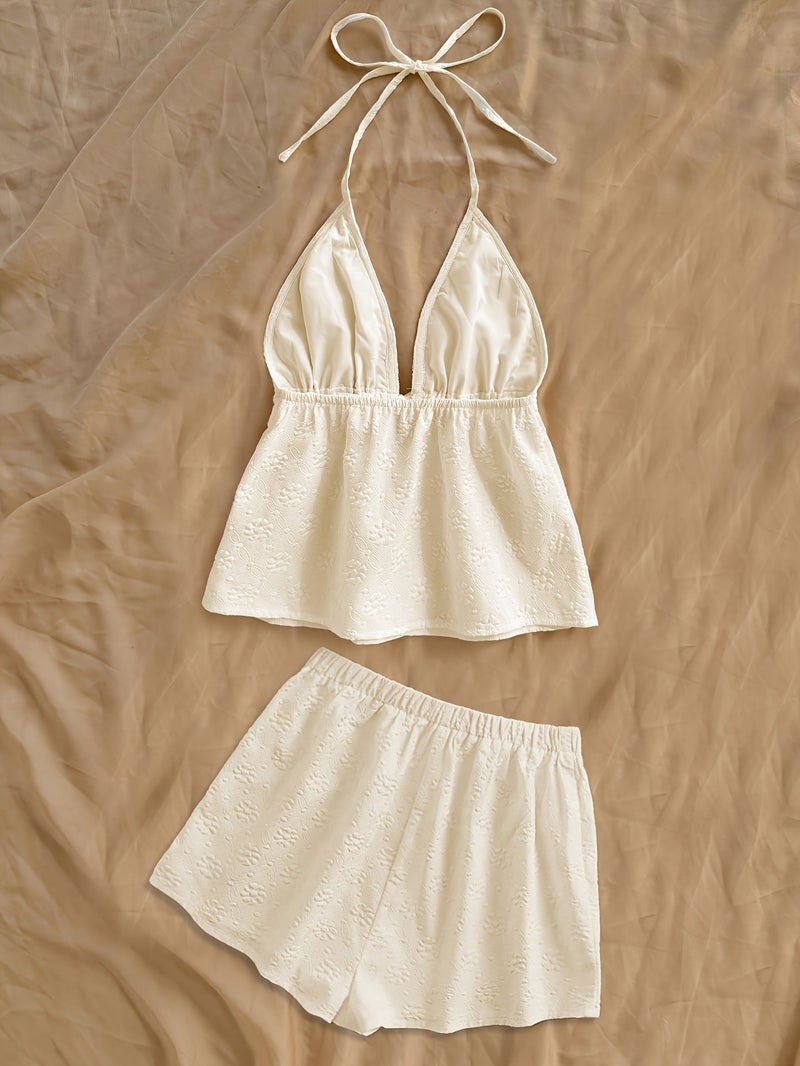 Solid Floral Texture Cute Top And Shorts Set - Image 2