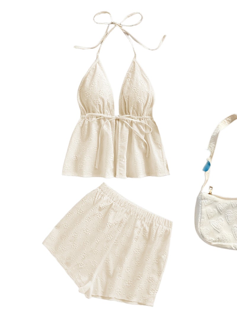 Solid Floral Texture Cute Top And Shorts Set - Image 1