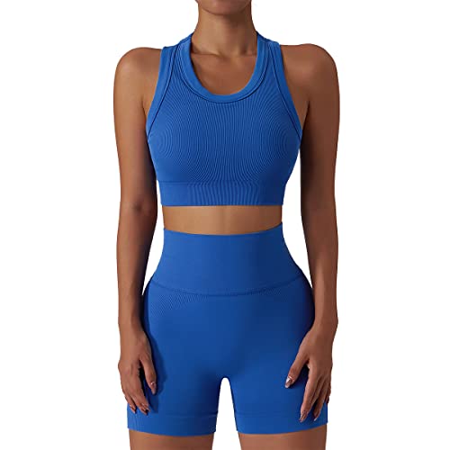 ABOCIW Workout Sets for Women 2 Piece Summer Outfits Seamless Ribbed Tank Top Sports Bra Tummy Control High Waist Biker Shorts Sets GYM Yoga Exercise Outfits Blue Small - Image 1