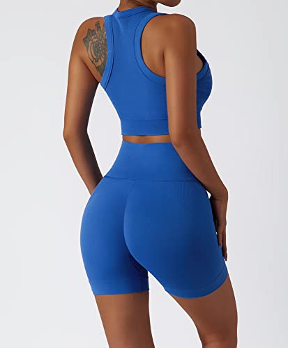 ABOCIW Workout Sets for Women 2 Piece Summer Outfits Seamless Ribbed Tank Top Sports Bra Tummy Control High Waist Biker Shorts Sets GYM Yoga Exercise Outfits Blue Small - Image 2