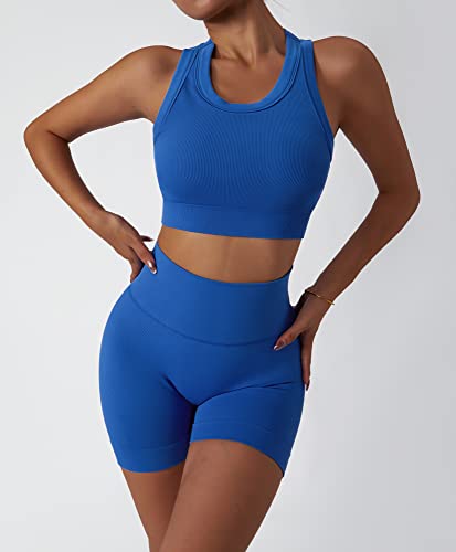 ABOCIW Workout Sets for Women 2 Piece Summer Outfits Seamless Ribbed Tank Top Sports Bra Tummy Control High Waist Biker Shorts Sets GYM Yoga Exercise Outfits Blue Small - Image 3