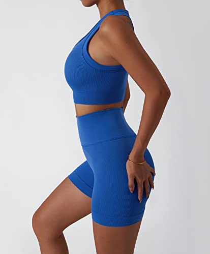 ABOCIW Workout Sets for Women 2 Piece Summer Outfits Seamless Ribbed Tank Top Sports Bra Tummy Control High Waist Biker Shorts Sets GYM Yoga Exercise Outfits Blue Small - Image 4