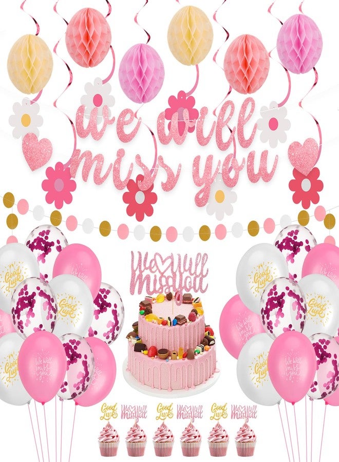 Hokoad 53pcs Going Away Party Decorations Pink Farewell Party Decorations, We Will Miss You Banner Hanging Swirls Balloons Cake Toppers, Retirement Decoration Supplies for Coworkers - Image 1