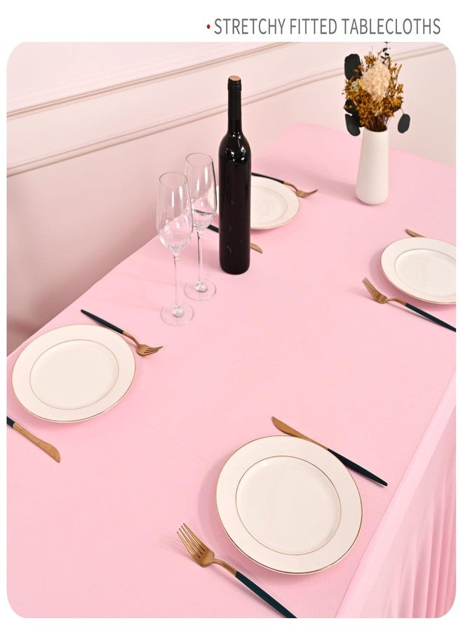 fani 2 Packs Pink Stretch Table Skirts for 8 Foot Rectangle Table, Washable Spandex Stretch Tablecloths with Skirt, Wrinkle Resistant Fitted Tablecover for Wedding Party Banquet - Image 4