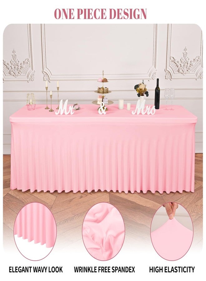 fani 2 Packs Pink Stretch Table Skirts for 8 Foot Rectangle Table, Washable Spandex Stretch Tablecloths with Skirt, Wrinkle Resistant Fitted Tablecover for Wedding Party Banquet - Image 3