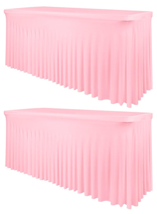 fani 2 Packs Pink Stretch Table Skirts for 8 Foot Rectangle Table, Washable Spandex Stretch Tablecloths with Skirt, Wrinkle Resistant Fitted Tablecover for Wedding Party Banquet - Image 1