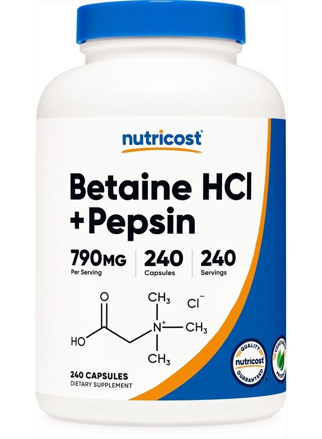 Nutricost Betaine HCl + Pepsin 790mg, 240 Capsules - Gluten Free & Non-GMO - Image 1