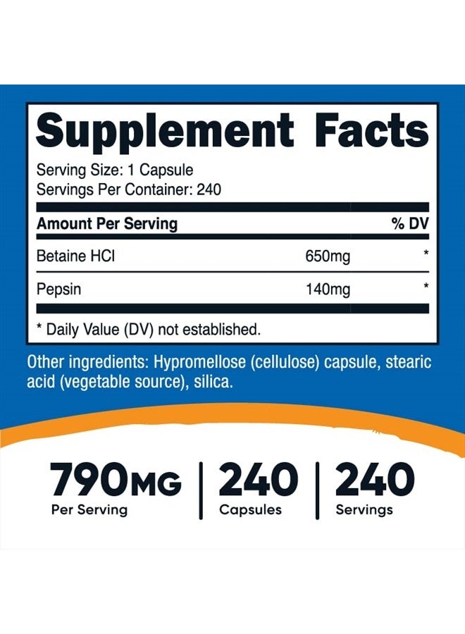 Nutricost Betaine HCl + Pepsin 790mg, 240 Capsules - Gluten Free & Non-GMO - Image 2