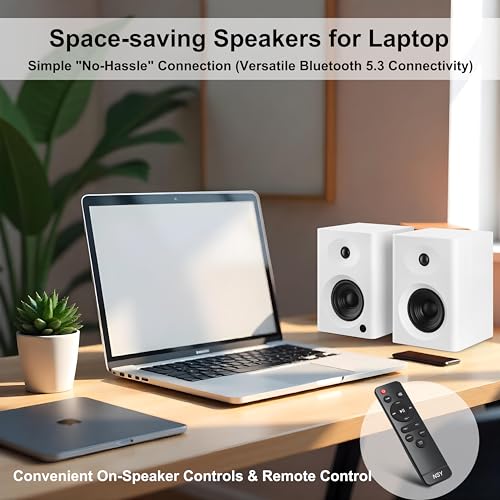 NSY Audio 80W Peak Bookshelf Speakers, 4" Active Desktop Computer Speakers with Bluetooth 5.3, RCA/AUX Input, Powered Studio Monitors with Bass & Treble Adjustment for PC, TV, Record Player, White - Image 3
