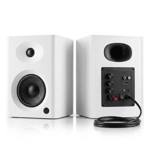 NSY Audio 80W Peak Bookshelf Speakers, 4" Active Desktop Computer Speakers with Bluetooth 5.3, RCA/AUX Input, Powered Studio Monitors with Bass & Treble Adjustment for PC, TV, Record Player, White - Image 1
