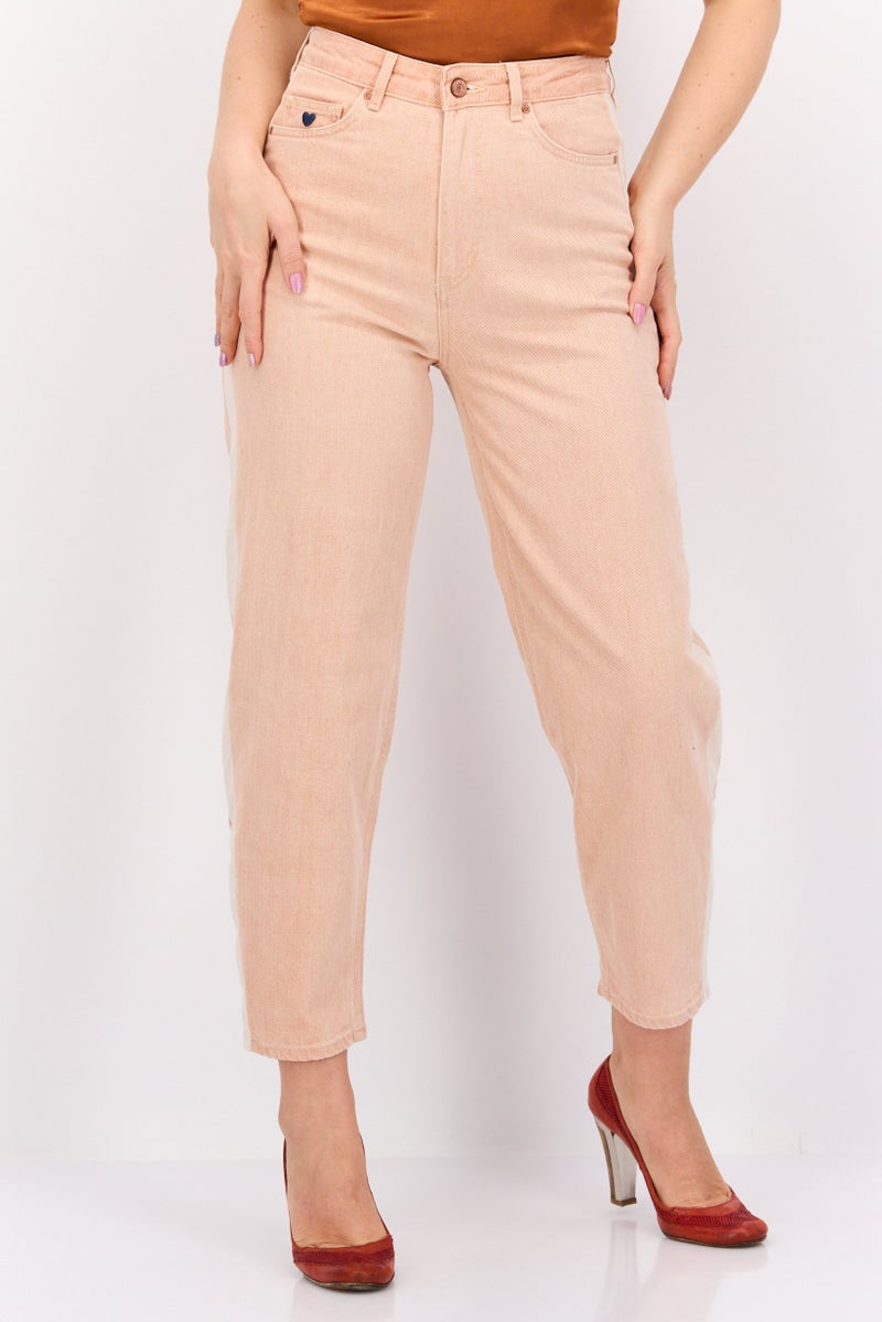 Scotch & Soda Women Regular Fit High Rise Textured Straight Leg Pant, Peach - Image 1