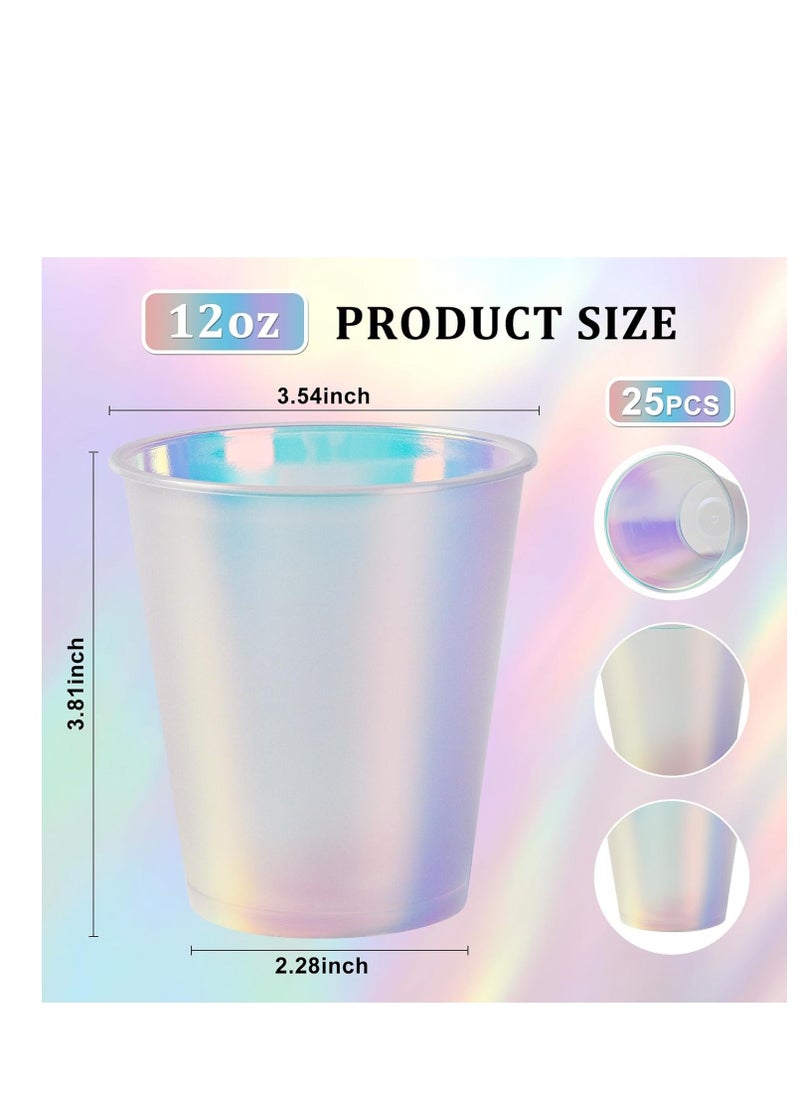 Gradient Plastic Cups, 25pcs Gradient Plastic Cups, Disposable Shiny Party Cups 12 oz Holographic Drinkware for Disco Party Decorations Birthday Wedding Bachelorette Party Favors