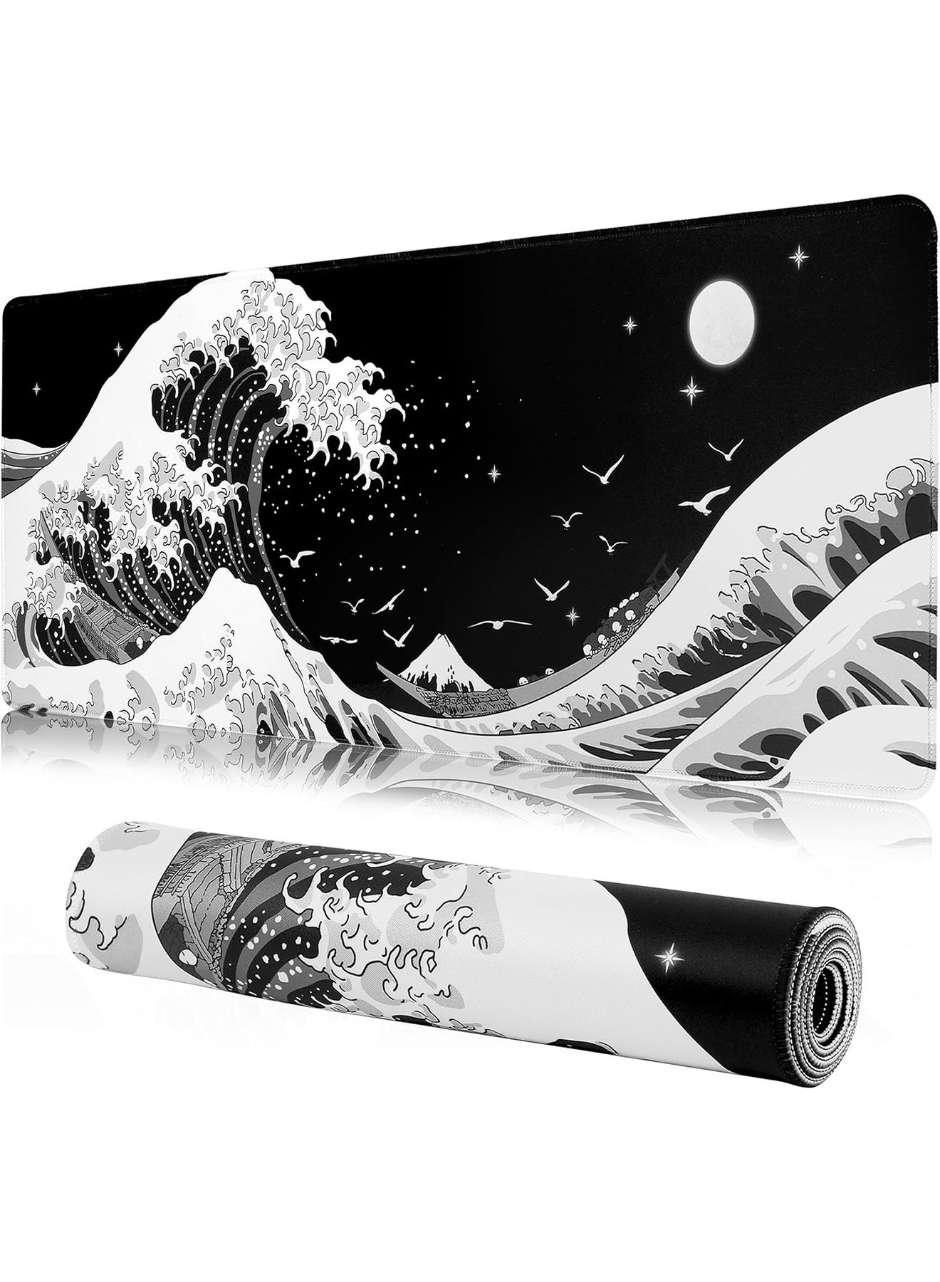 Gaming Mouse Pad, 800 x 300 x 30MM Extended Large Mouse Pad for Desk, Large Sea Wave Mousepad Laptop,Black White Japanese Anime Mouse Mat, Long XXL Waterproof Keyboard Pads With Stitched Edges, Big Non-Slip Mouse Pads for Game Office Home