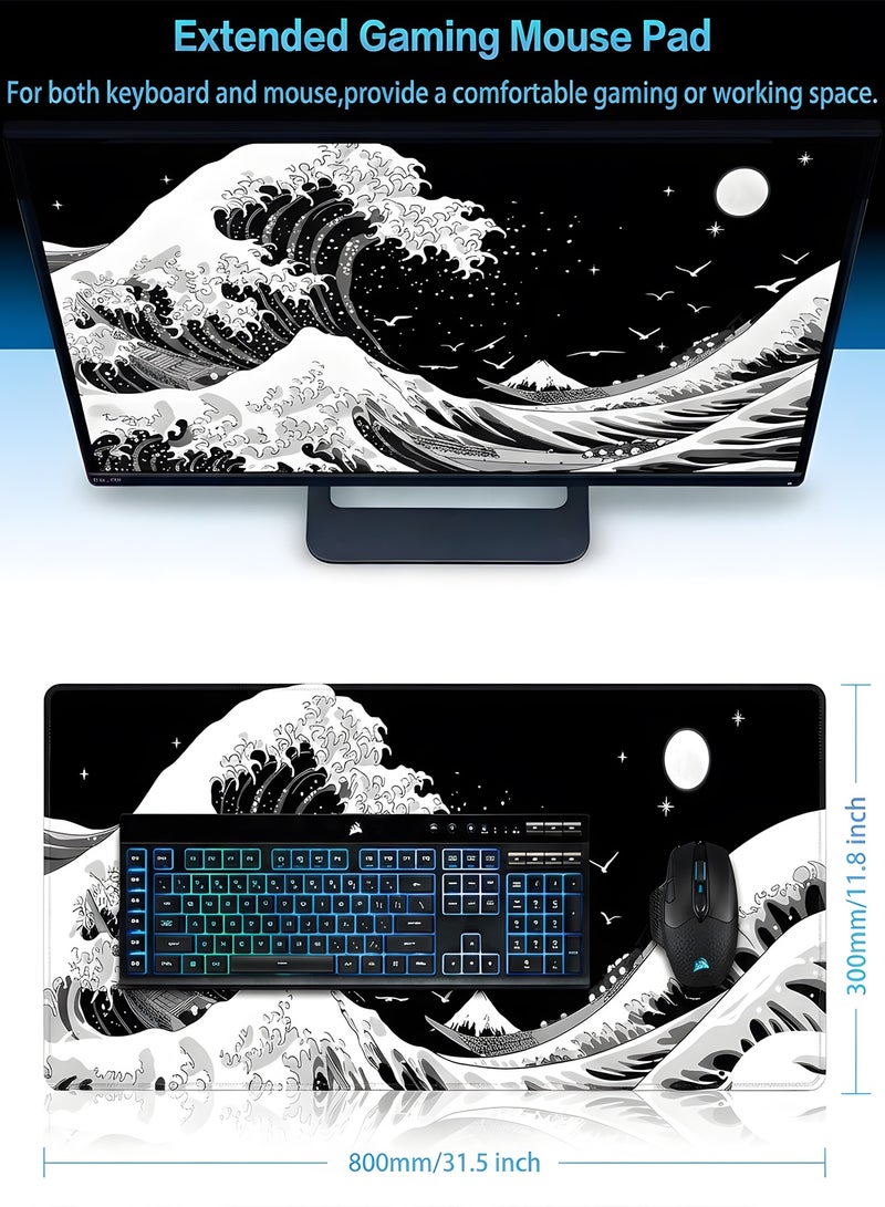 Chillspace Gaming Mouse Pad, 800 x 300 x 30MM Extended Large Mouse Pad for Desk, Large Sea Wave Mousepad Laptop,Black White Japanese Anime Mouse Mat, Long XXL Waterproof Keyboard Pads With Stitched Edges, Big Non-Slip Mouse Pads for Game Office Home - Image 2