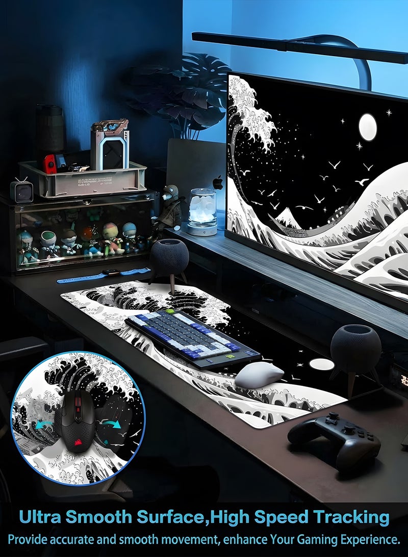 Chillspace Gaming Mouse Pad, 800 x 300 x 30MM Extended Large Mouse Pad for Desk, Large Sea Wave Mousepad Laptop,Black White Japanese Anime Mouse Mat, Long XXL Waterproof Keyboard Pads With Stitched Edges, Big Non-Slip Mouse Pads for Game Office Home - Image 3