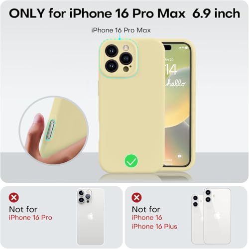 Vooii Compatible with iPhone 16 Pro Max Case, Liquid Silicone Upgrade [Camera Protection] [Soft Anti-Scratch Microfiber Lining] Shockproof Phone Case for iPhone 16 Pro Max 6.9 inch - Creamy Yellow - Image 5