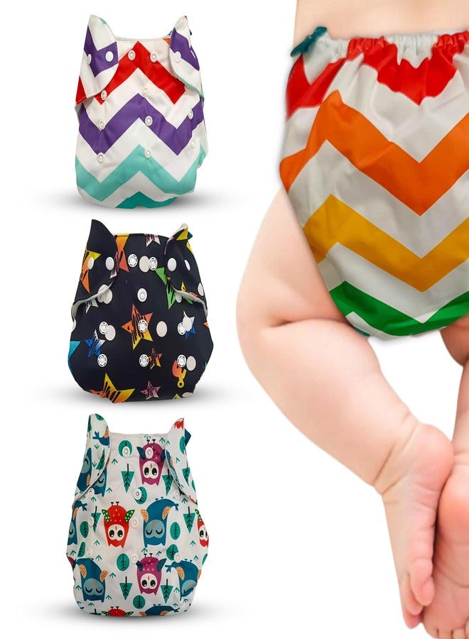 Toddlory Premium Reusable Cloth Diapers with inserts (Soakers) | Up to 5 hours of trusted leak protection with advanced 5-layer technology - designed to keep your baby’s skin healthy and happy | Unisex designs, Suitable for all babies from 0 to 2 years or 2.5 to 12.5 kgs | Rash-Free Softness | Grow-With-Me Fit | All day Comfort for the Little Explorers | Pack of 3 (3 diapers & 3 inserts) | Combo Style: Hoot Owls + Night Stars + Rainbow, 0 to 2 Years - Image 1