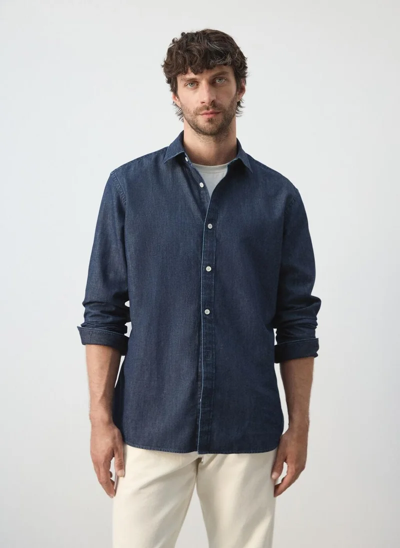 مانجو مان Regular fit denim shirt in cotton-linen