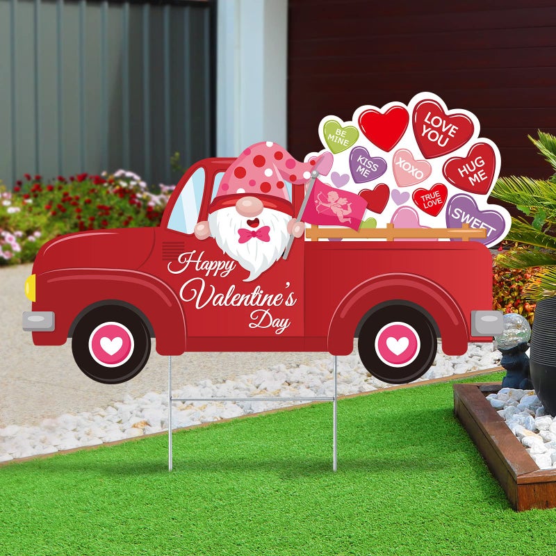 Tiamon Tiamon Valentines Day Yard Signs with Stake Valentines Gnomes Outdoor Lawn Decorations Happy Valentines Day Red Truck Lawn Signs for Valentine Wedding Anniversary Lawn Garden Yard Outside Decoration