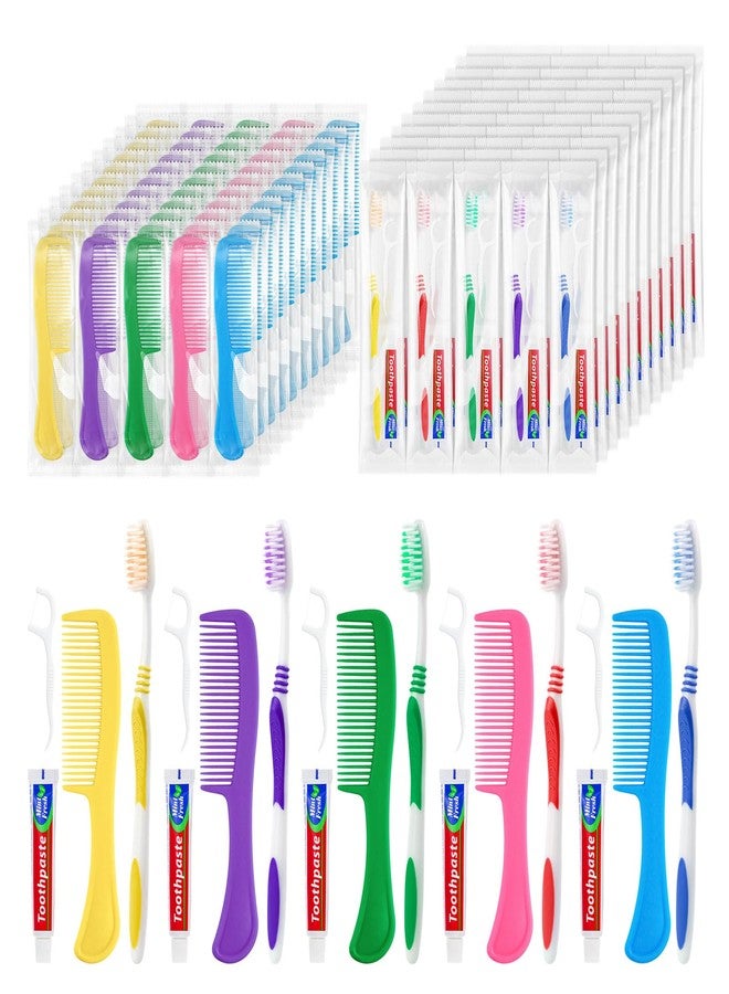 Zhjianup Travel Size Disposable Toothbrushes with Toothpaste Dental Floss Picks and Comb in Bulk, Individually Wrapped Soft Bristle Hygiene Kits, for Hotel Charity Homeless Shelter in 5 Colors (100) - Image 1