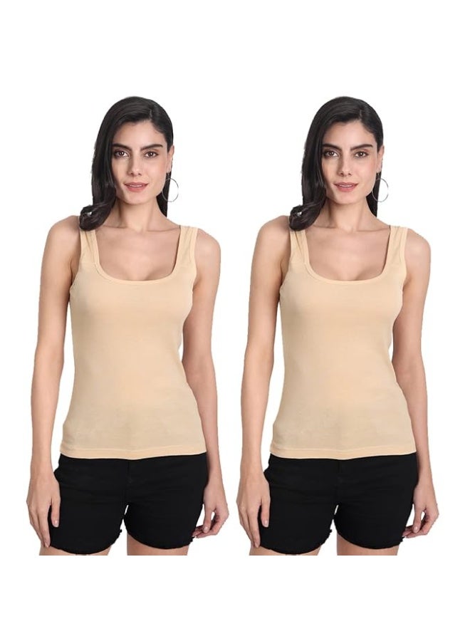 Aimly Women's Cotton Sleeveless Beige Camisole Slip Spaghetti (Pack of 2) in Beige Color - Image 1