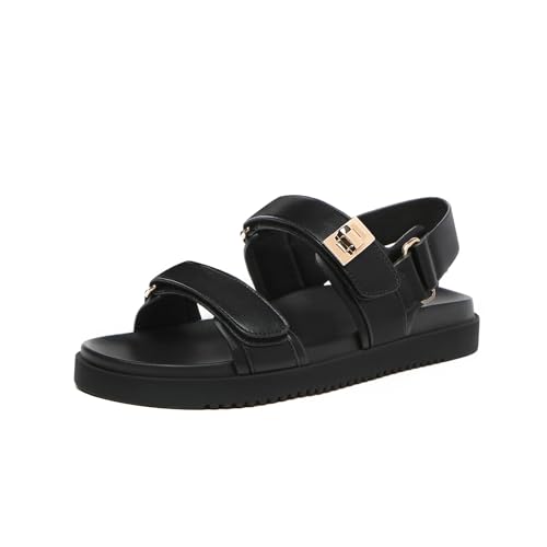 Rihero Women's Flat Sandals Comfort Adjustable Double Strap Slip on Leather Footbed Black Sandals with Back Strap Size 7 - Image 1
