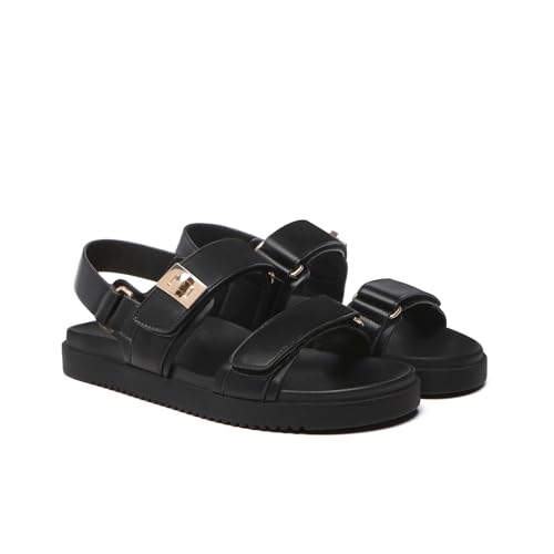 Rihero Women's Flat Sandals Comfort Adjustable Double Strap Slip on Leather Footbed Black Sandals with Back Strap Size 7 - Image 5