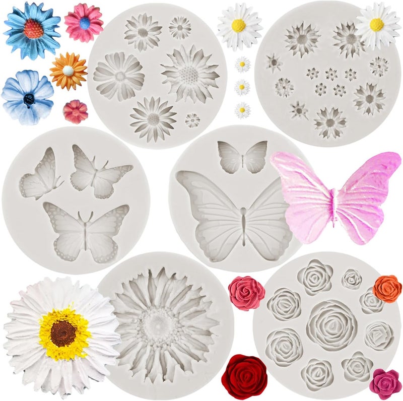 Sijiangmold Flower Silicone Fondant Molds Butterfly Daisy Rose Chrysanthemum Flower Silicone Mold For Cupcake Topper Cake Decorating Chocolate Candy Polymer Clay Gum Paste Set Of 6 - Image 1