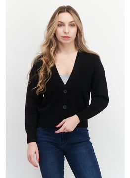 T Tahari Women V Neck Long Sleeves Textured Sweater, Black  - Image 1