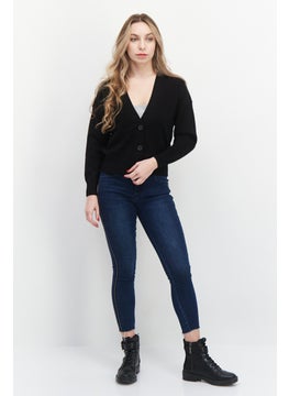 T Tahari Women V Neck Long Sleeves Textured Sweater, Black  - Image 4