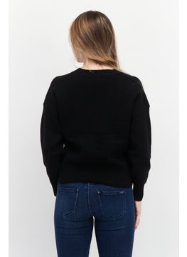 T Tahari Women V Neck Long Sleeves Textured Sweater, Black  - Image 3