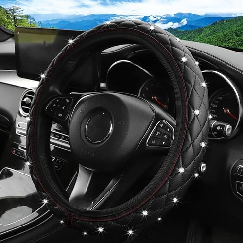 Alieemo Bling Leather Steering Wheel Cover 15 Inch AntiSlip Elastic Auto Steering Wheel Protector with Sparkling Diamond for Women Girls Universal Vehicle Decor Accessories for Most Cars Black - Image 1