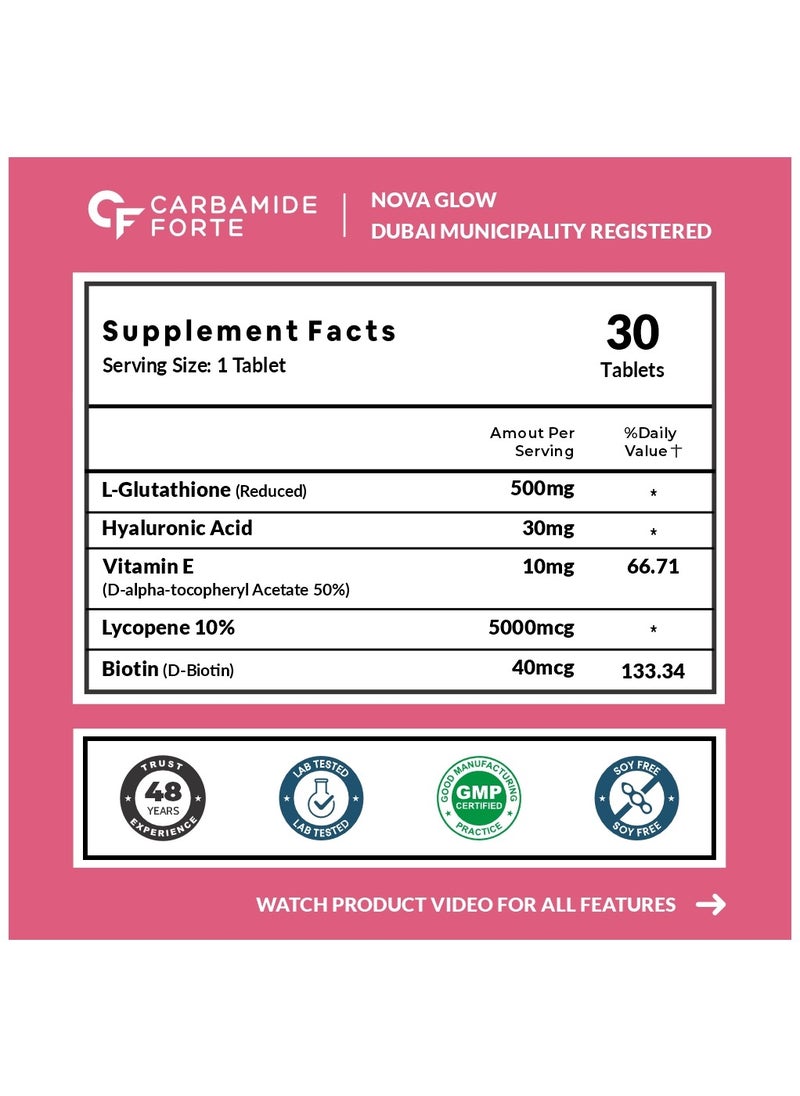 CARBAMIDE FORTE - L Glutathione Reduced +  500mg Tablets For Skin Heath | L Glutathione With Hyaluronic Acid, Vitamin E, Lycopene & Biotin– 30 Veg Tablets - Image 1