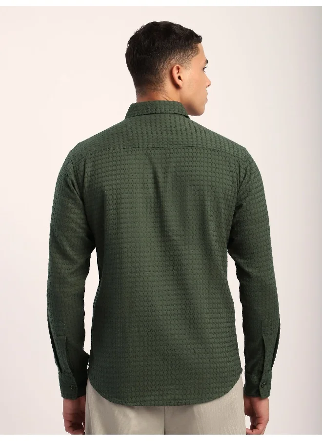 Beyoung Olive Green Jacquard Round Textured Shirt