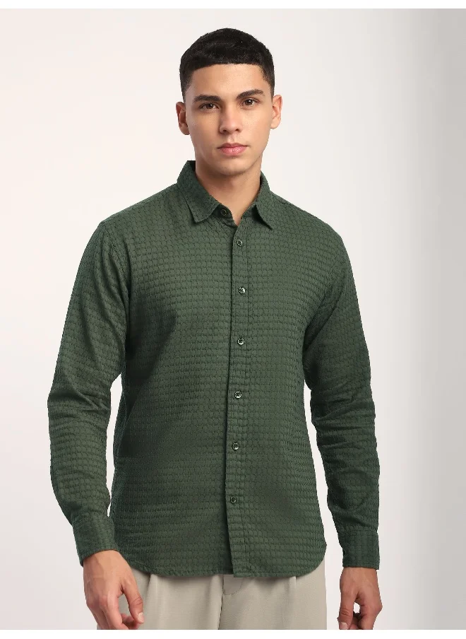 بيونغ Olive Green Jacquard Round Textured Shirt