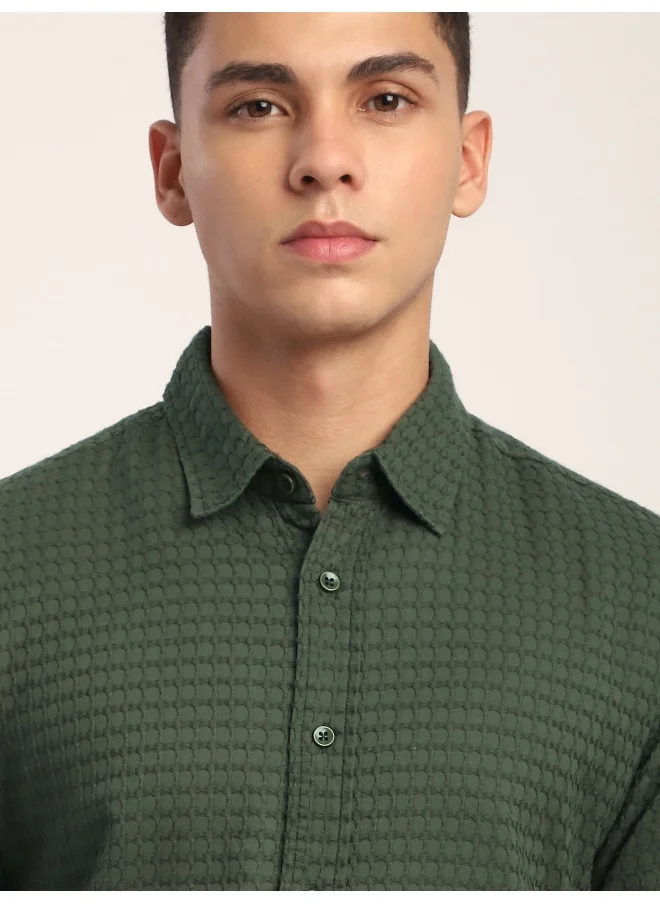 Beyoung Olive Green Jacquard Round Textured Shirt
