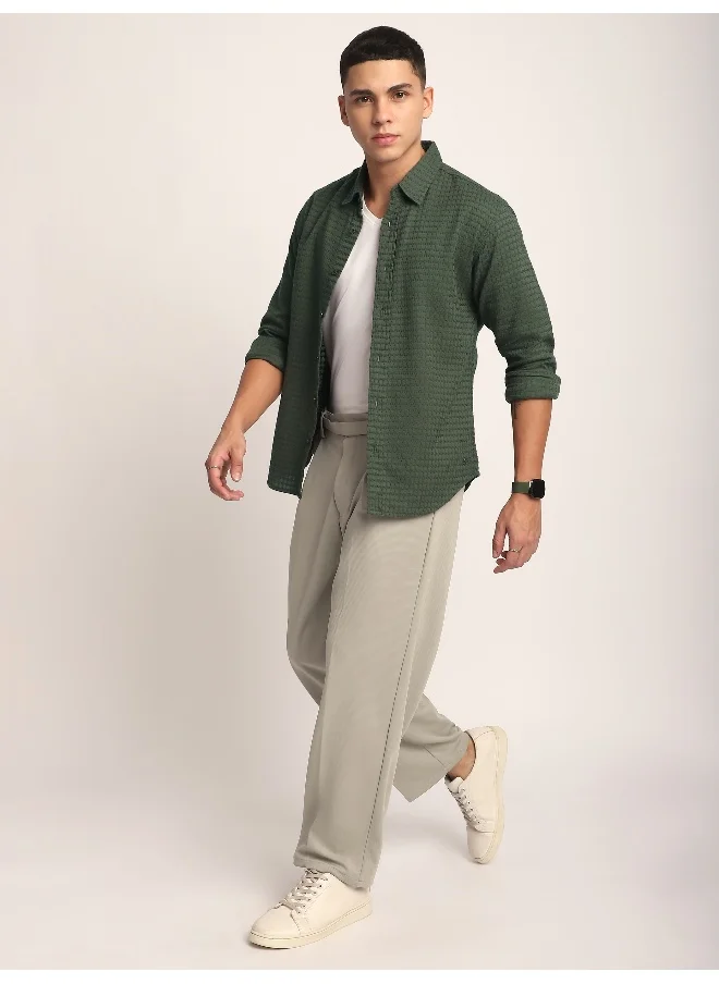 Beyoung Olive Green Jacquard Round Textured Shirt