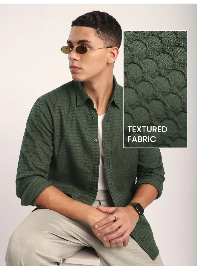 Beyoung Olive Green Jacquard Round Textured Shirt