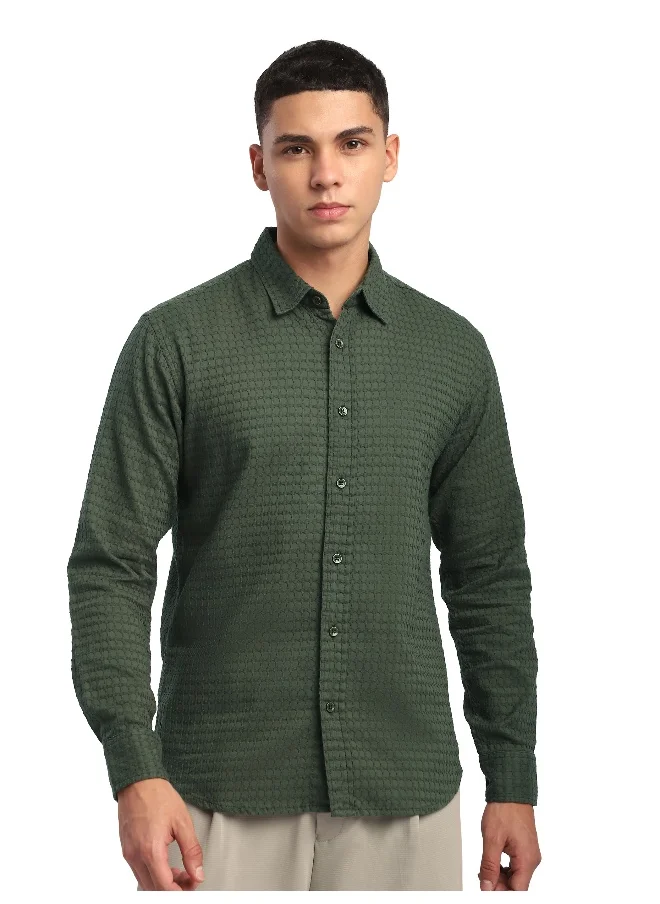 بيونغ Olive Green Jacquard Round Textured Shirt