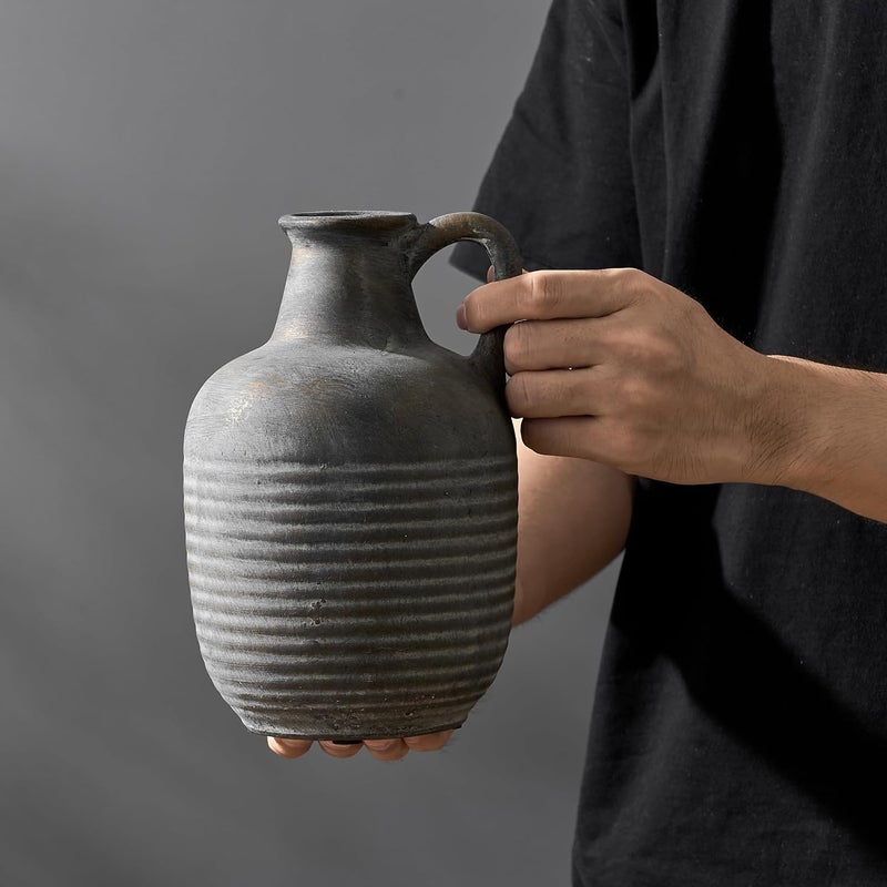 SIDUCAL Rustic Ceramic Farmhouse Flower Vase with 1 Handle-Height 8.43" Terracotta Vase, Unique Textured Pottery Flower Vases for Home Decor, Table, Wedding, Living Room, Shelf Decor, Bronze Black - Image 4