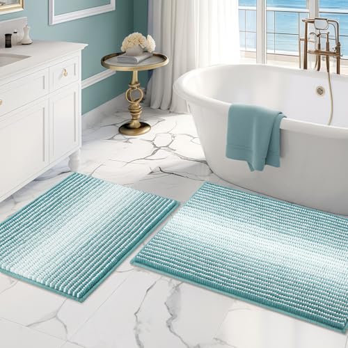 BSICPRO Bathroom Rugs and Mats Sets, 2 Piece Thick Absorbent Chenille Bath Mat Rug Set Non Slip, Soft Shaggy Bath Room Floor Mats for Bathroom, Machine Washable (Aqua Green, 20" x 32" Plus 16" x 24") - Image 1