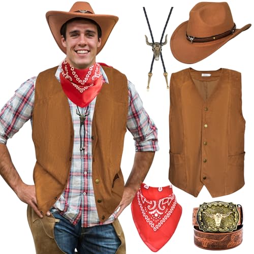 Prebene 5 Pcs Western Outfits for Men Cowboy Suede Leather Vest Hat Necktie Belt Buckle Paisley Bandana for Halloween Cosplay Brown XL - Image 1