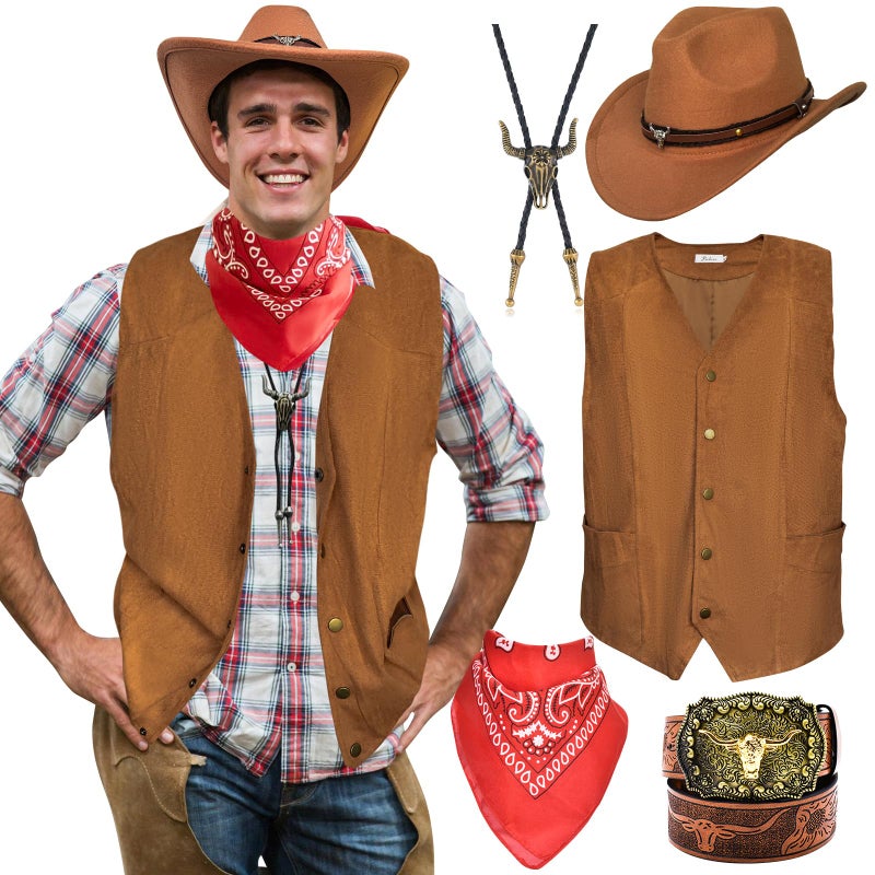 Prebene 5 Pcs Western Outfits for Men Cowboy Suede Leather Vest Hat Necktie Belt Buckle Paisley Bandana for Halloween Cosplay Brown XL - Image 2